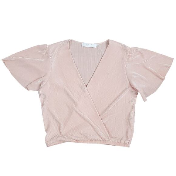 ASTR The Label Crop Plissé Top Blush Pink Size Small Textured Short Sleeve - Picture 2 of 9